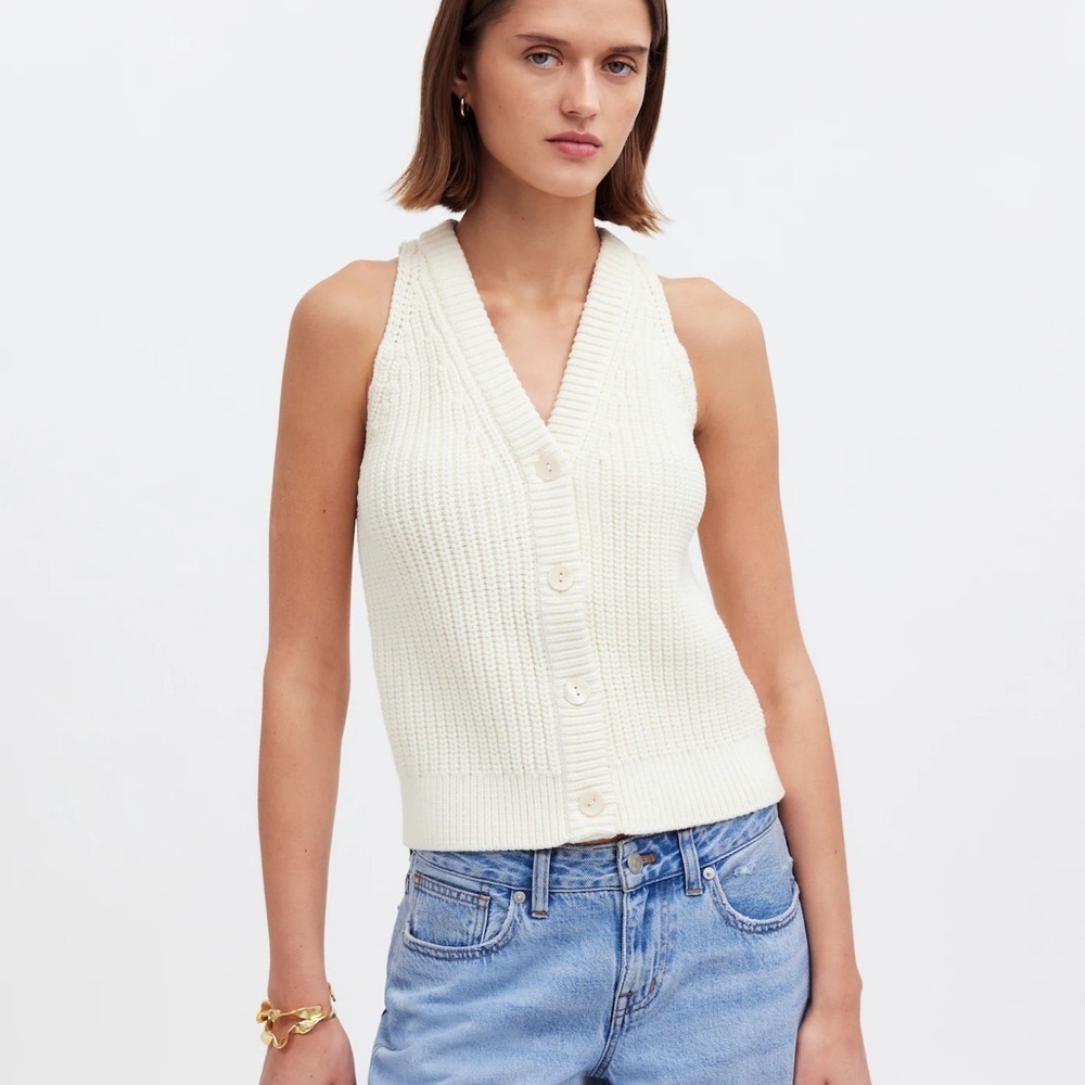 Madewell Ivory Ribbed Button-Front V-Neck Sweater Vest